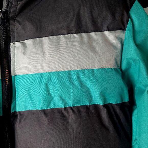Color Block Striped Teal Black Gray Hooded Puffer Coat Winter Bubble Jacket Sz S - Picture 10 of 11
